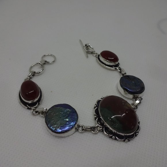 Natural "BLOODSTONE AGATE, BIWA PEARL & CARNELIAN" Handmade Sterling Bracelet - Picture 3 of 3